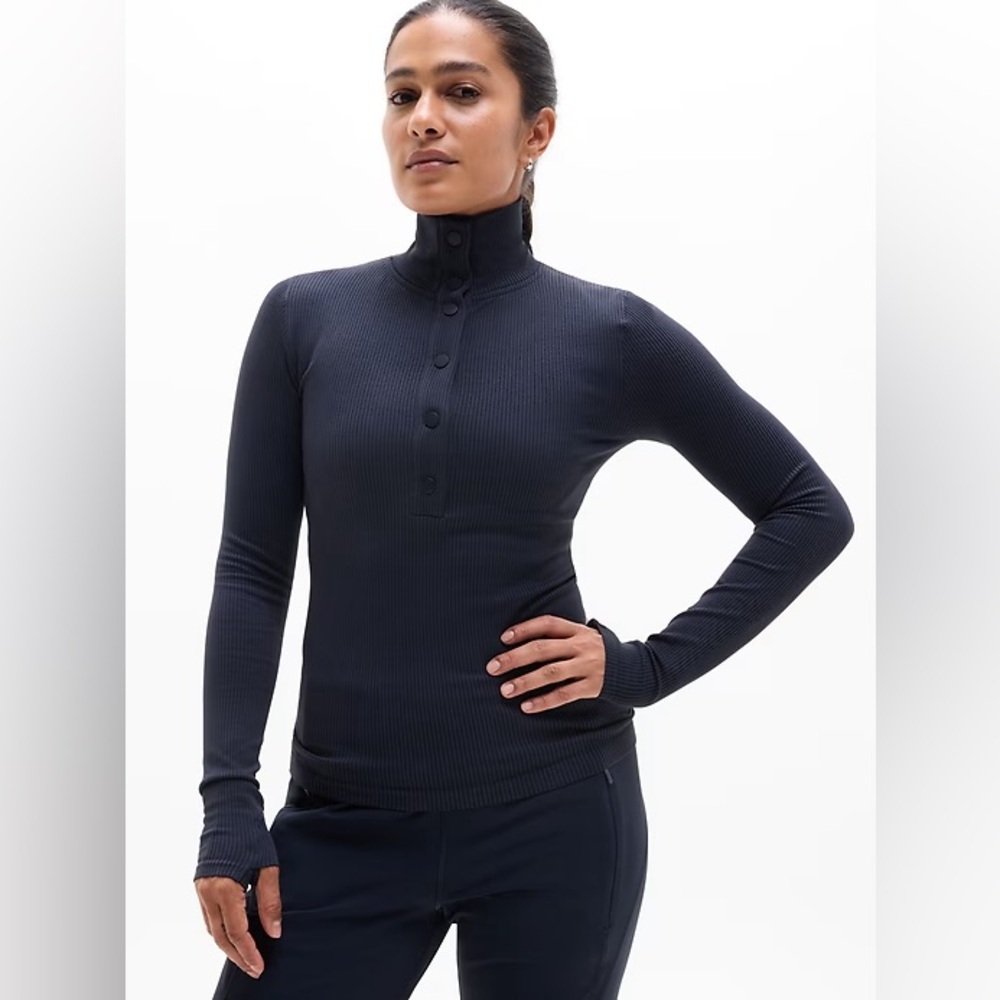Athleta Flurry Seamless Henley Long Sleeve Granite Blue Xs Fitted Top